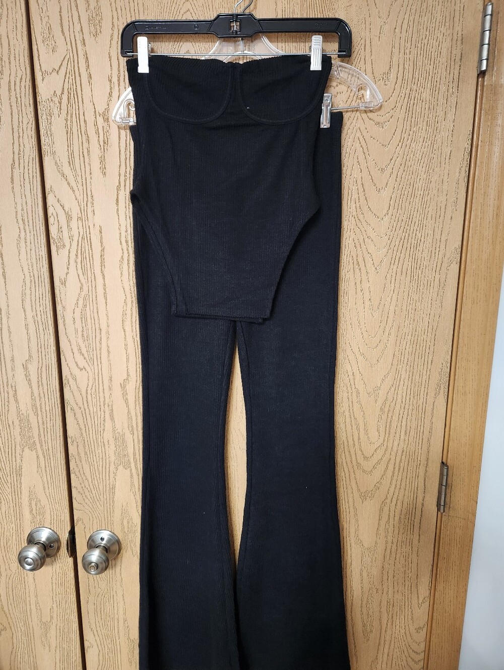 Fashion Nova Black Strapless Ribbed Pants Set.